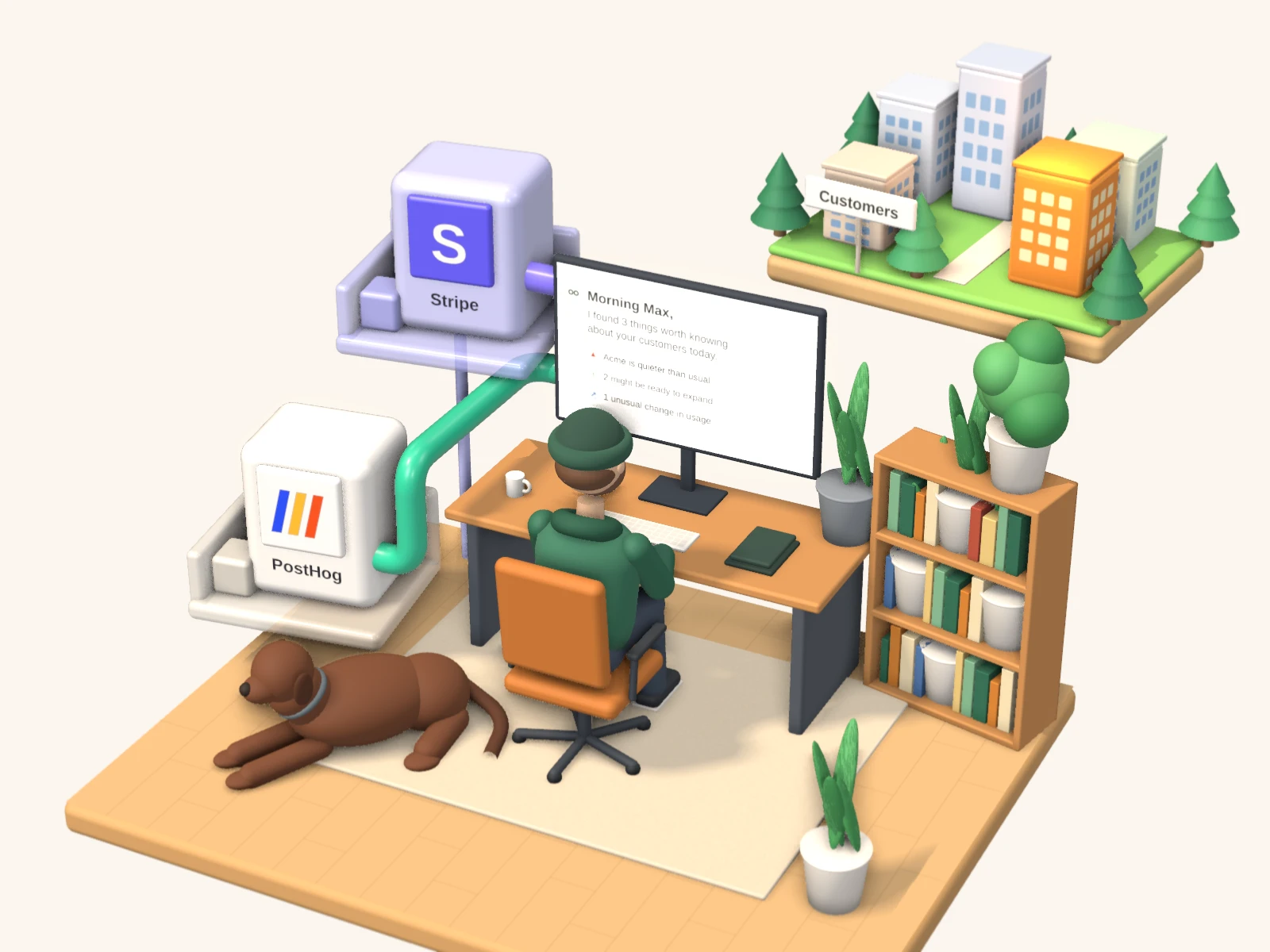 Oskar at his desk while Stripe and PostHog pipe customer data in, with his dog asleep beside him